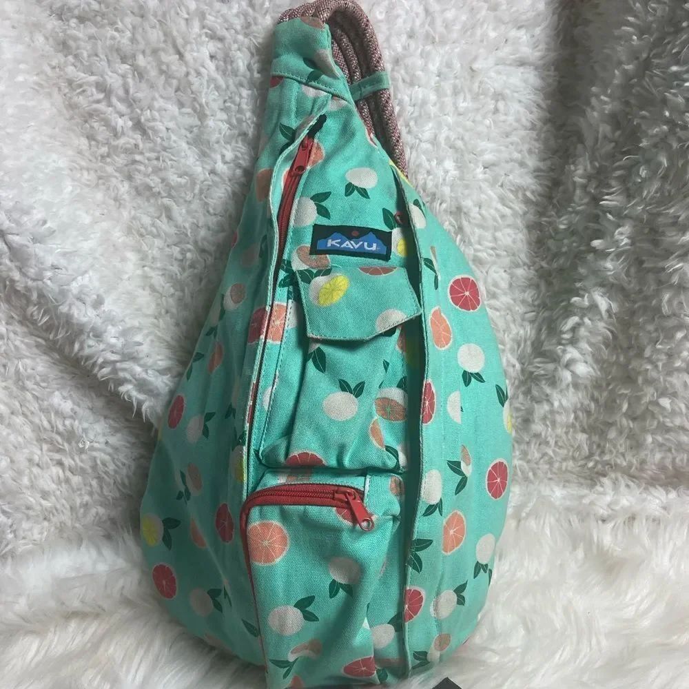 Kavu rope sling back canvas mint green with Orange,yellow, green fruit prints.